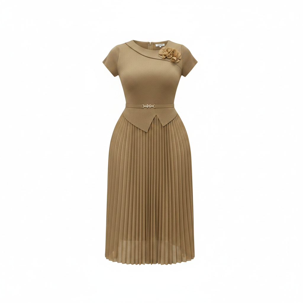 Women's Champagne Gold Floral Brooch Peplum Pleated Midi Gown - Ghost Mannequin Front
