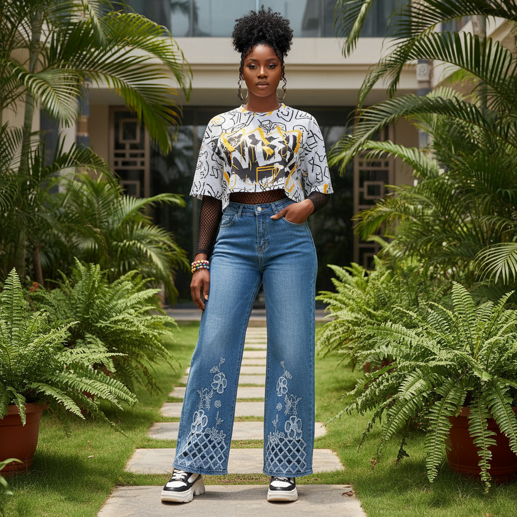 Women's Blue Floral Embroidered Wide-Leg Denim Jeans – Nigerian Model Shot