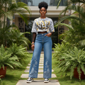 Women's Blue Floral Embroidered Wide-Leg Denim Jeans – Nigerian Model Shot