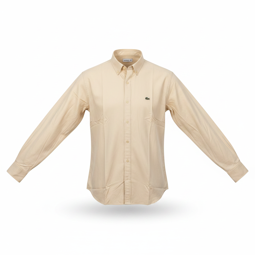 Men's cream long-sleeve button-down casual shirt on ghost mannequin, white background