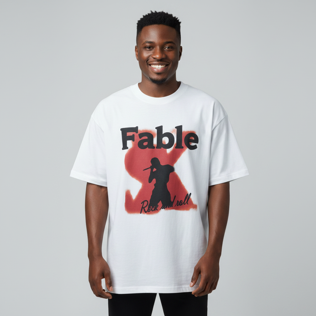 White Fable Rock and Roll Oversized Tee - Model Front