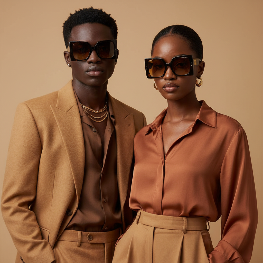 Male and female model lifestyle shot — Oversized Square Sunglasses Tortoiseshell Gold Plate Amber