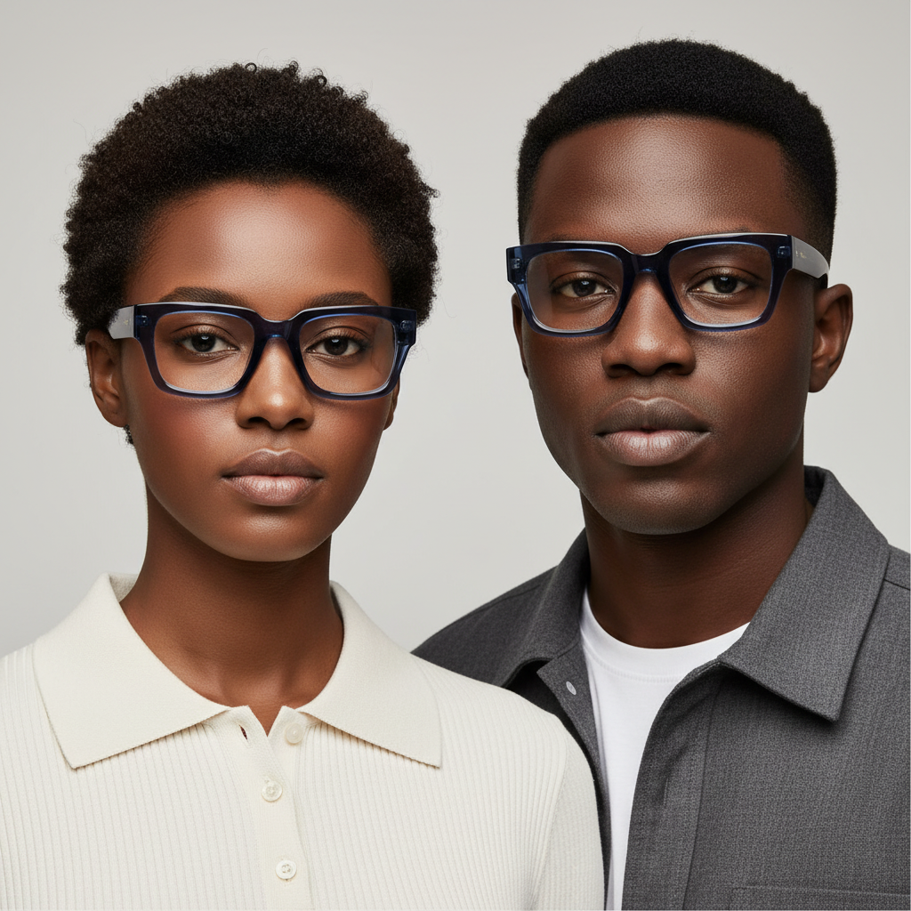 Nigerian female and male models wearing transparent navy blue bold square frame optical eyeglasses