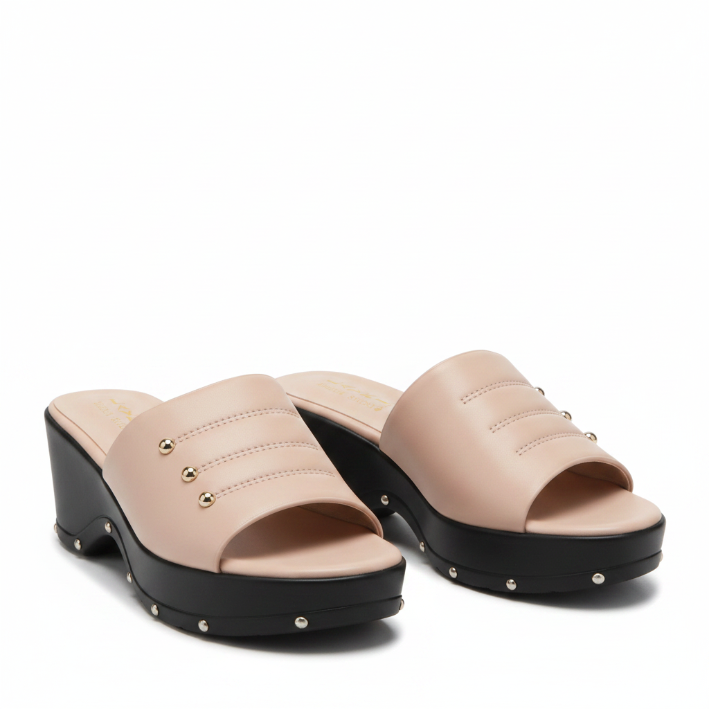 Blush pink gold stud wedge slide sandal pair ghost mannequin product shot, plain white background