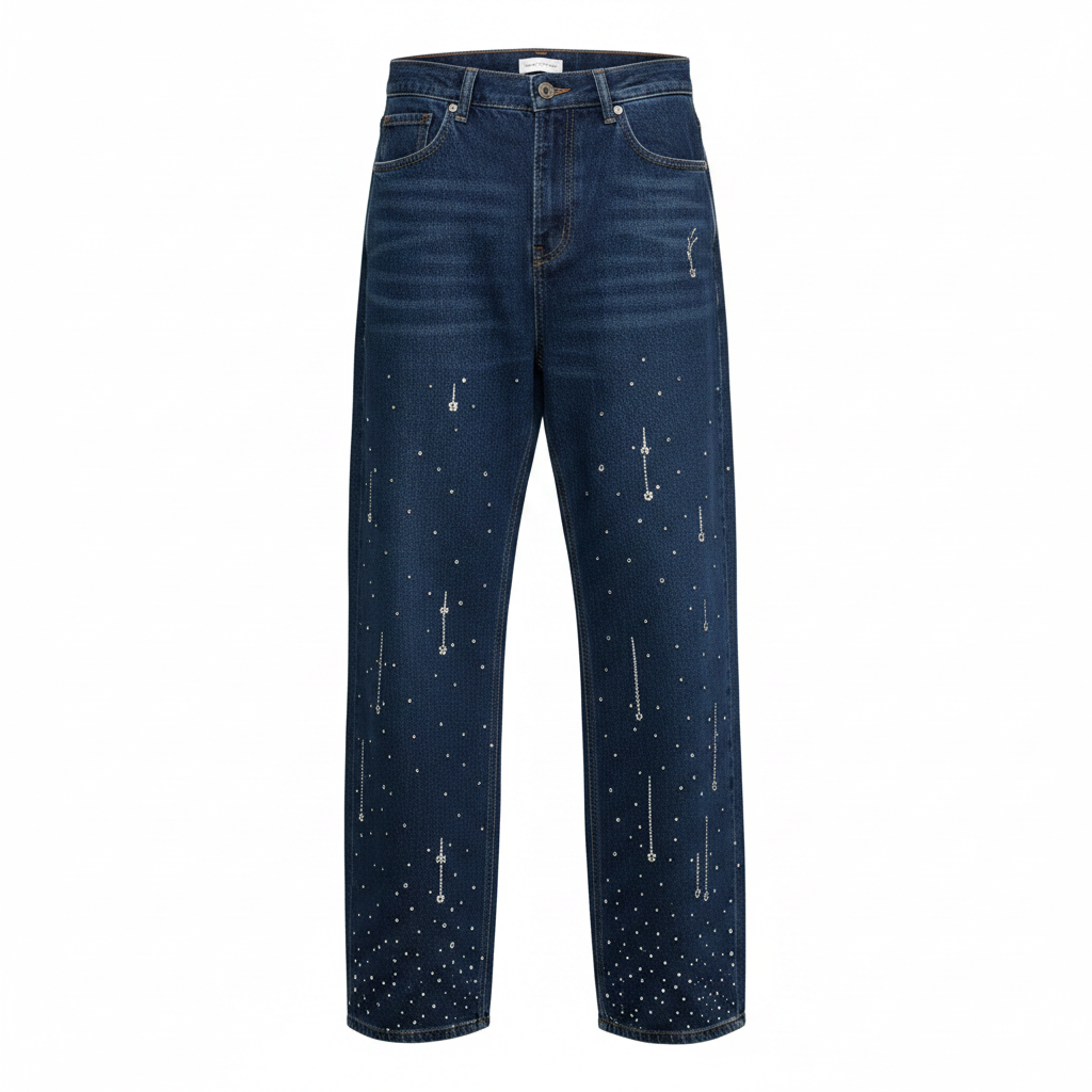 Men's navy blue rhinestone embellished baggy wide-leg denim jeans ghost mannequin view