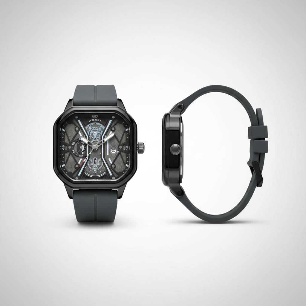 Grey strap black square skeleton-style wristwatch shown from the front and side
