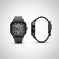 Grey strap black square skeleton-style wristwatch shown from the front and side