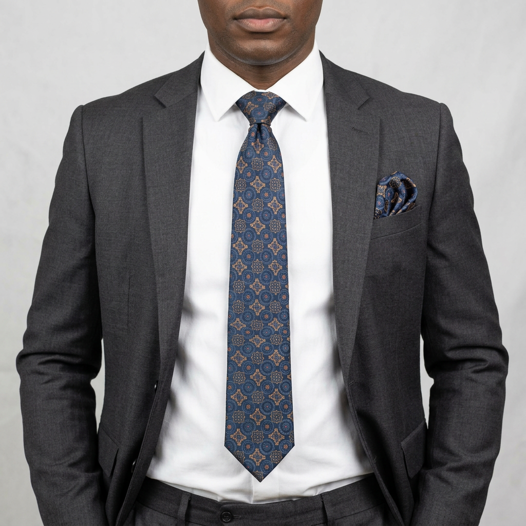 Close-up of navy medallion tie and matching pocket square worn by an adult Black model