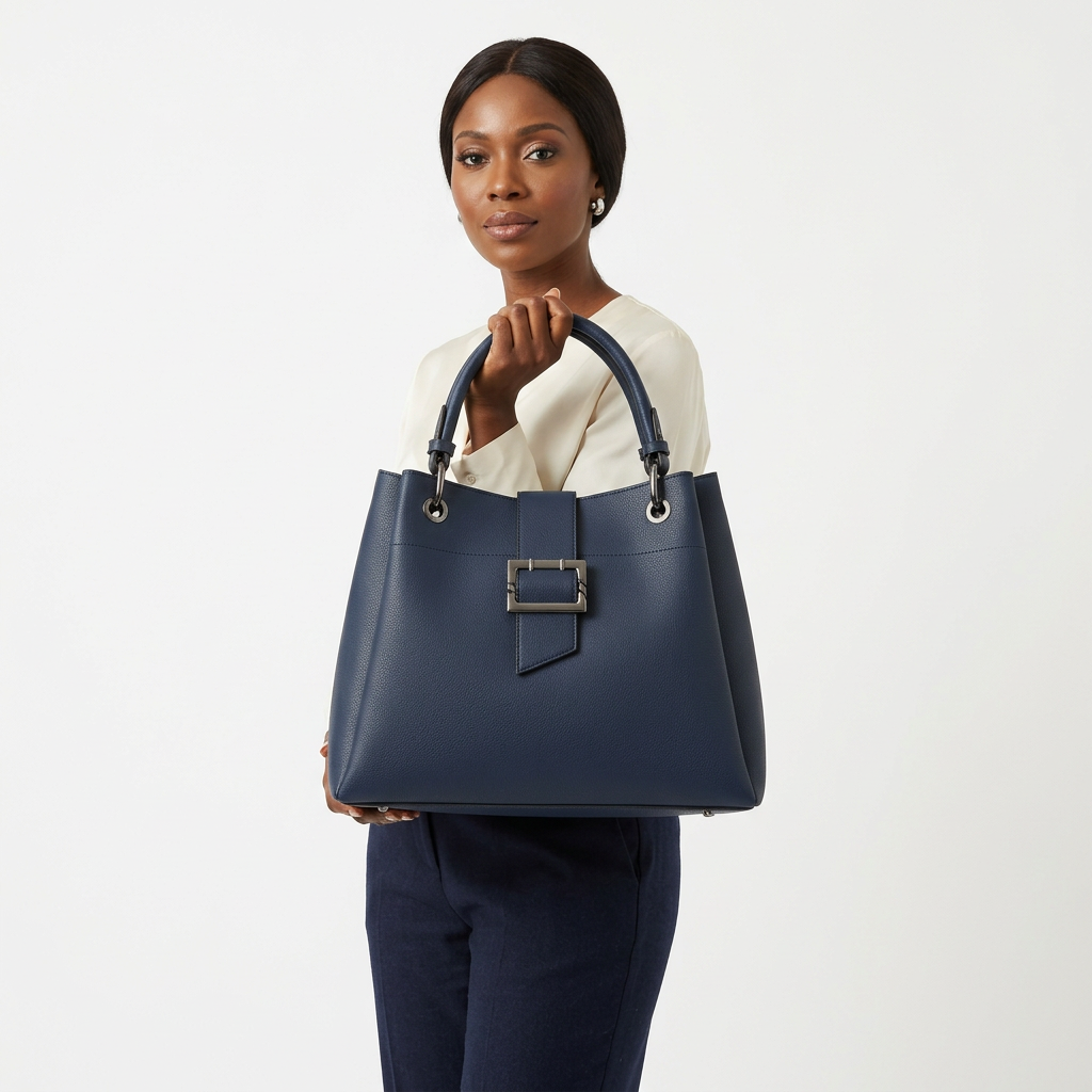 Black female model holding the navy buckle-detail top-handle handbag