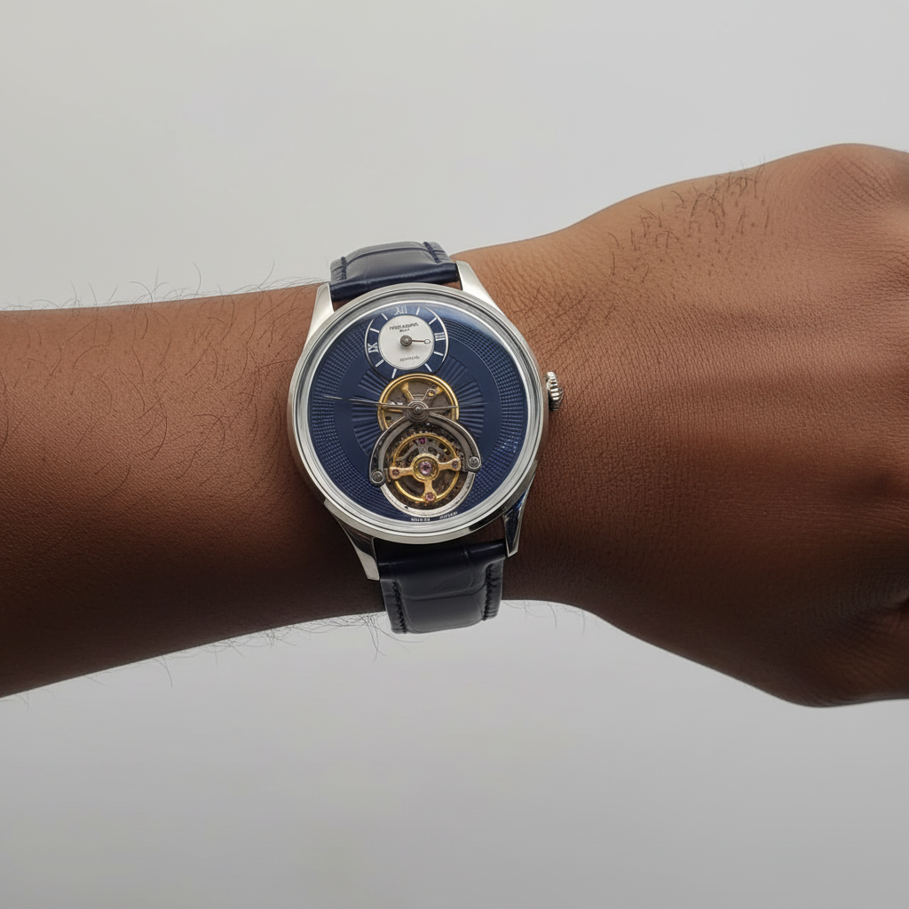 Men's Navy Blue Dial Silver Tourbillon Automatic Watch – Nigerian Male Model Wrist Shot