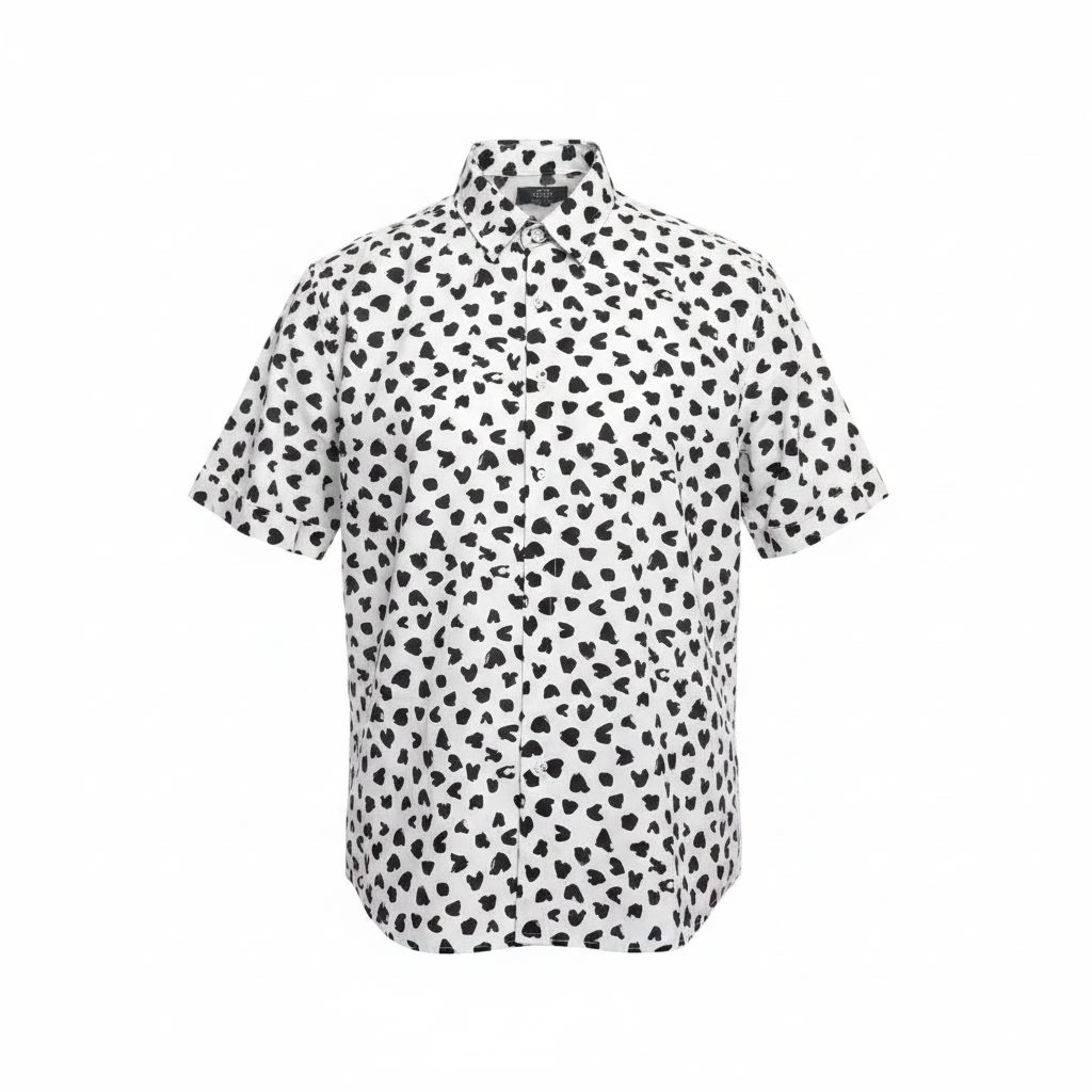 Ghost mannequin front view of white black dalmatian print short-sleeved shirt