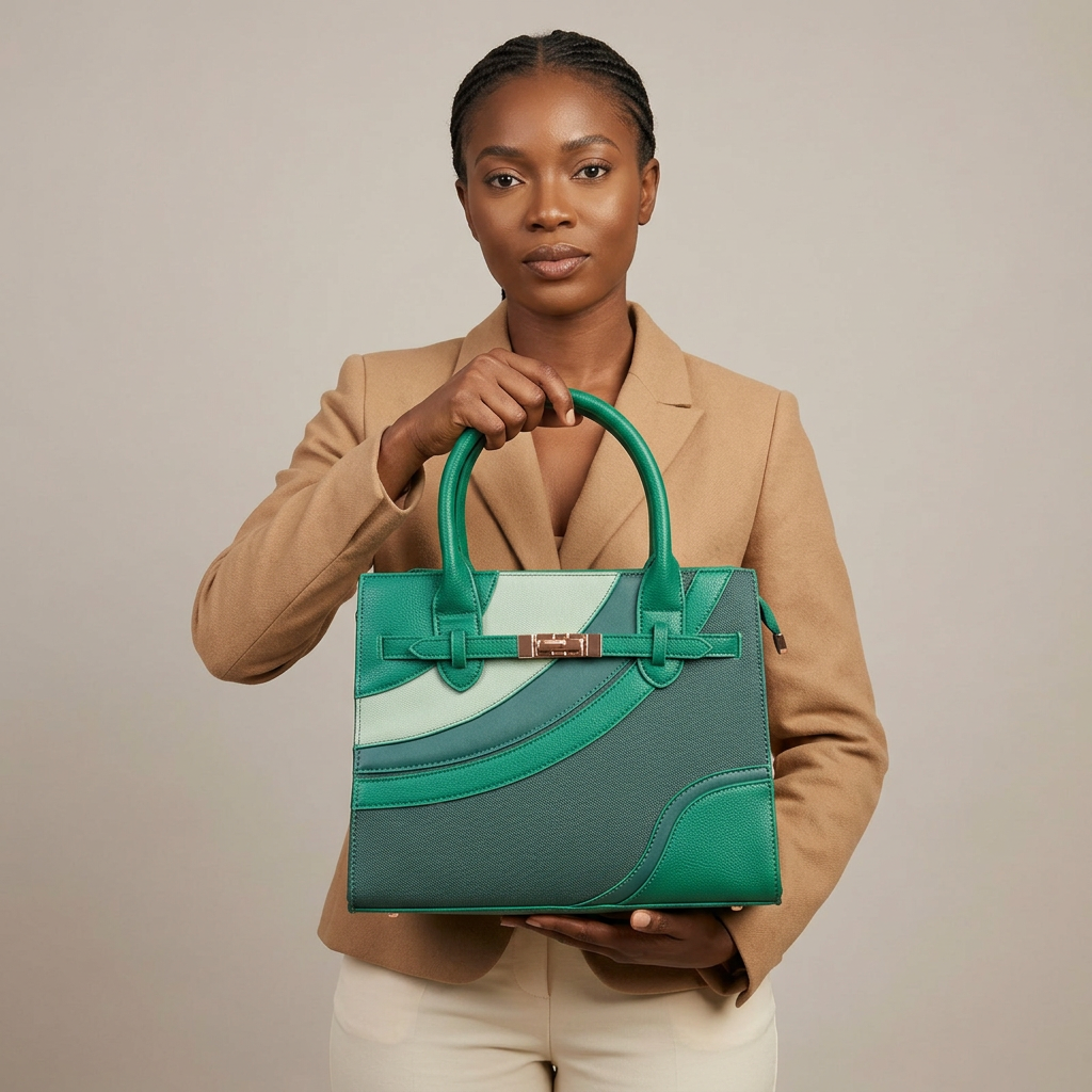 Woman holding emerald curved-panel handbag on plain studio background