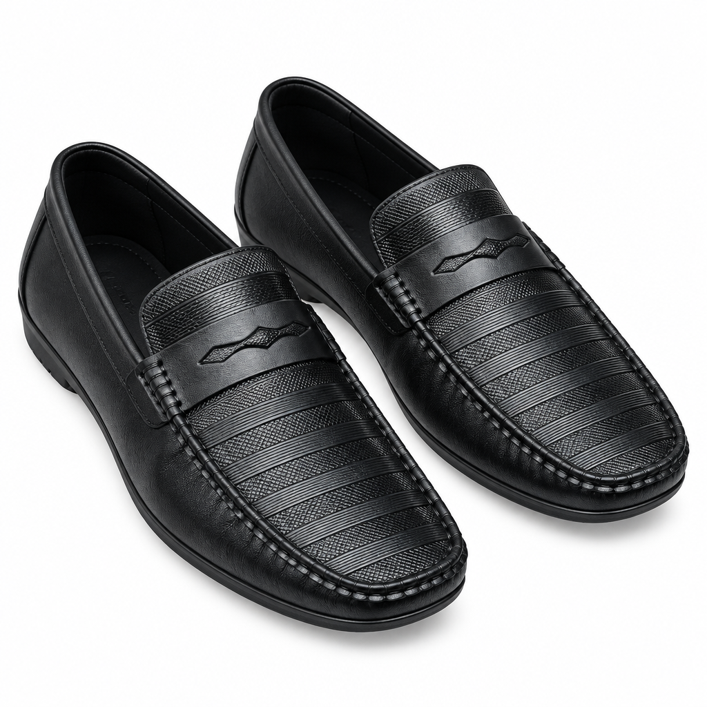 Pair of black textured-band moccasin loafers on white