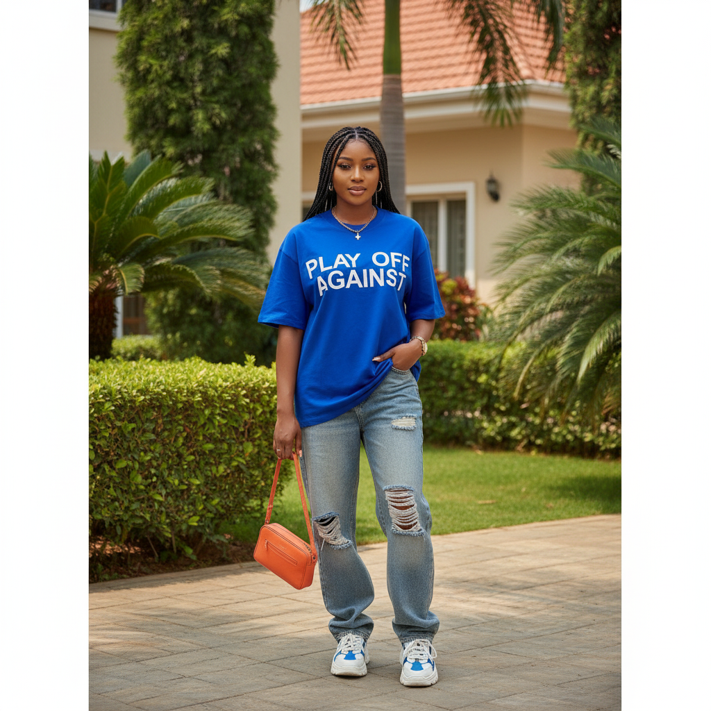 Nigerian female model wearing royal blue play off against statement oversized tee – front view