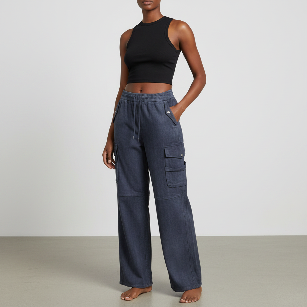 Female model wearing indigo washed cargo pants