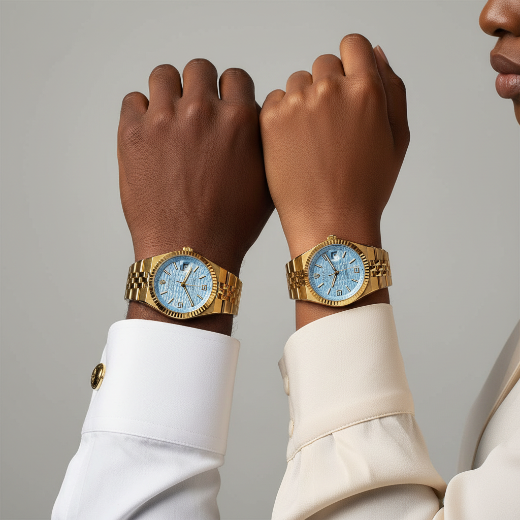 Nigerian male and female model wrist shot — ice blue full gold couple watch