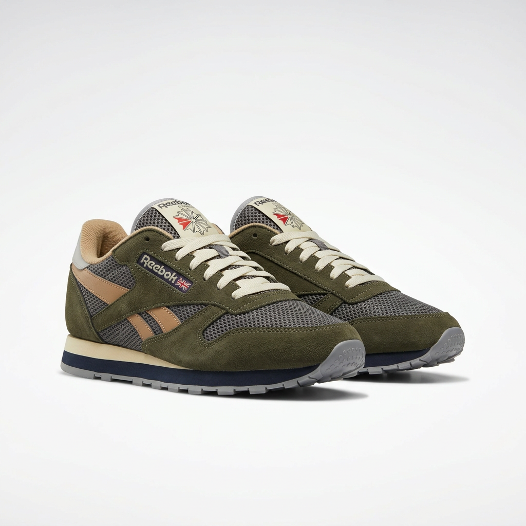 Pair of olive grey and tan mesh retro sneakers on white