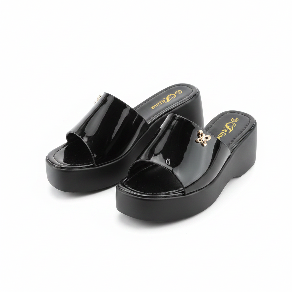 Women's black patent leather butterfly platform wedge slide — ghost mannequin view