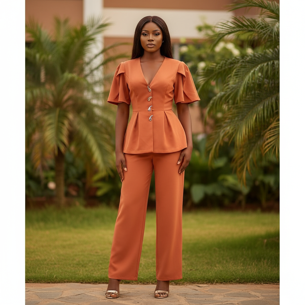 Women's terracotta flutter sleeve deep V silver button blazer top and wide-leg trouser suit - model shot