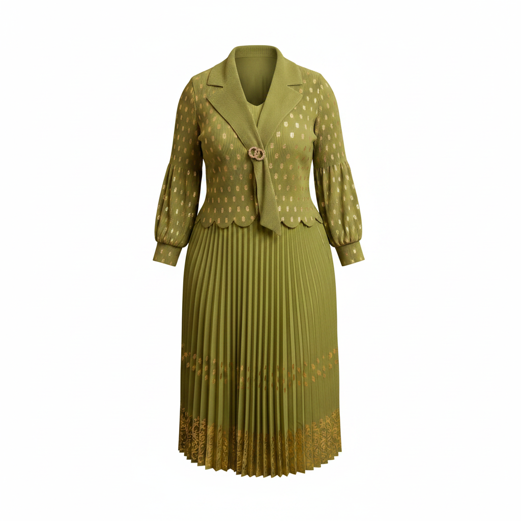 Ghost mannequin view of olive green and gold peplum top and pleated midi skirt set