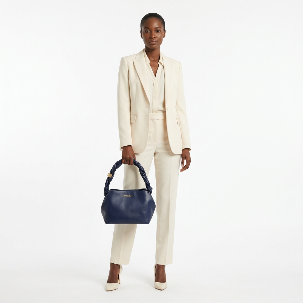 Woman in cream tailoring holding navy blue braided-handle handbag