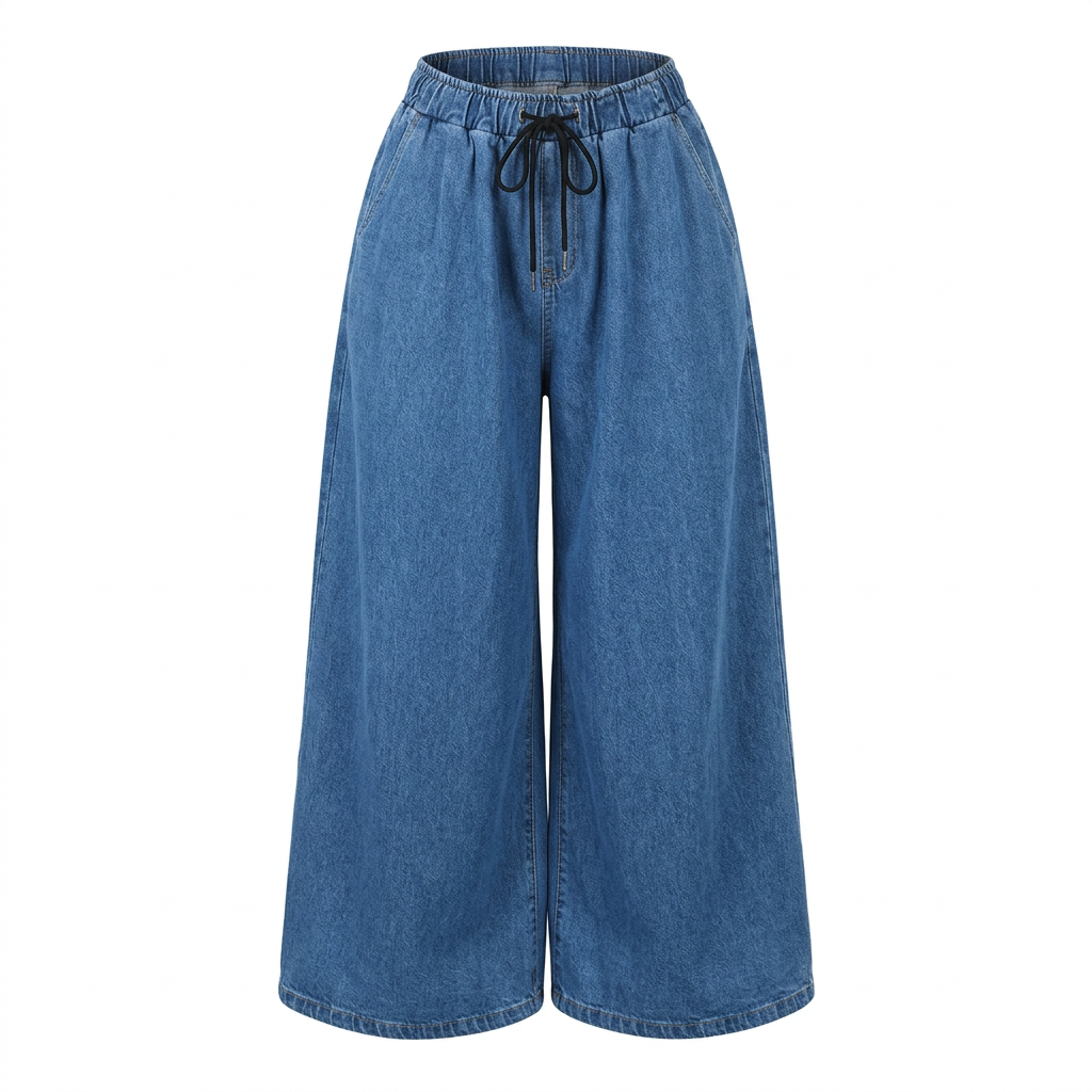 Women’s blue drawstring wide-leg jeans on an invisible mannequin