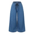 Women’s blue drawstring wide-leg jeans on an invisible mannequin
