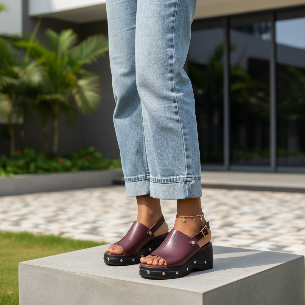 Nigerian female model leg shot wearing burgundy studded platform wedge sandals