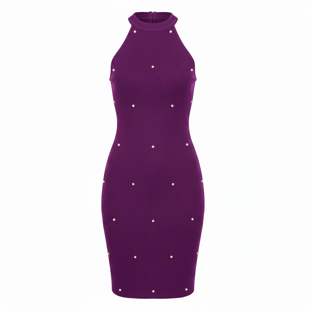 Ghost mannequin front view of purple pearl stud diamond halter neck midi dress