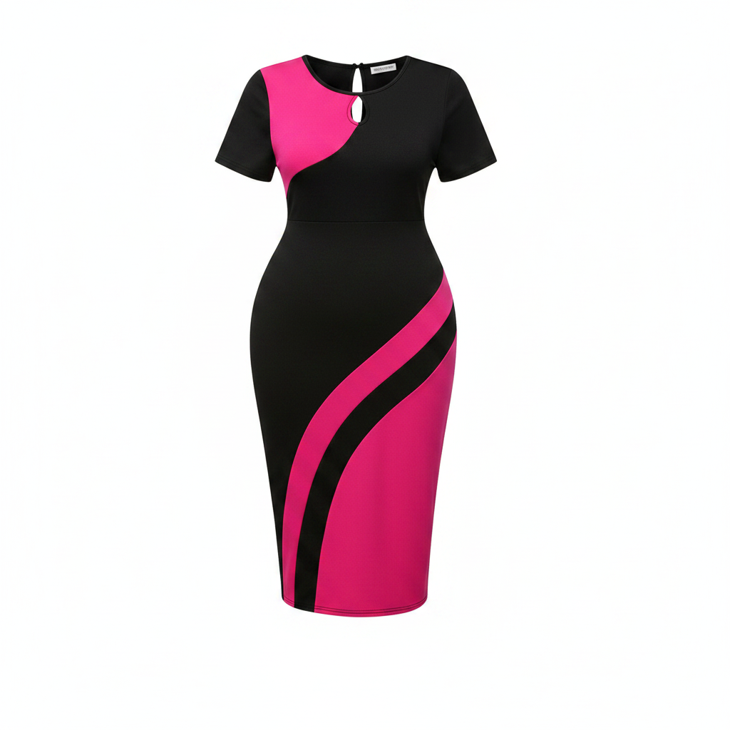 Ghost mannequin view of women's black and hot pink colour-block bodycon midi dress