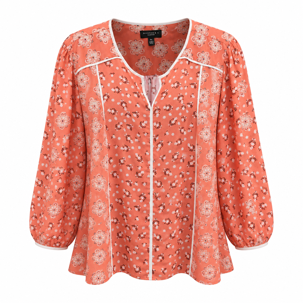 Coral floral piped notch-neck blouse ghost mannequin