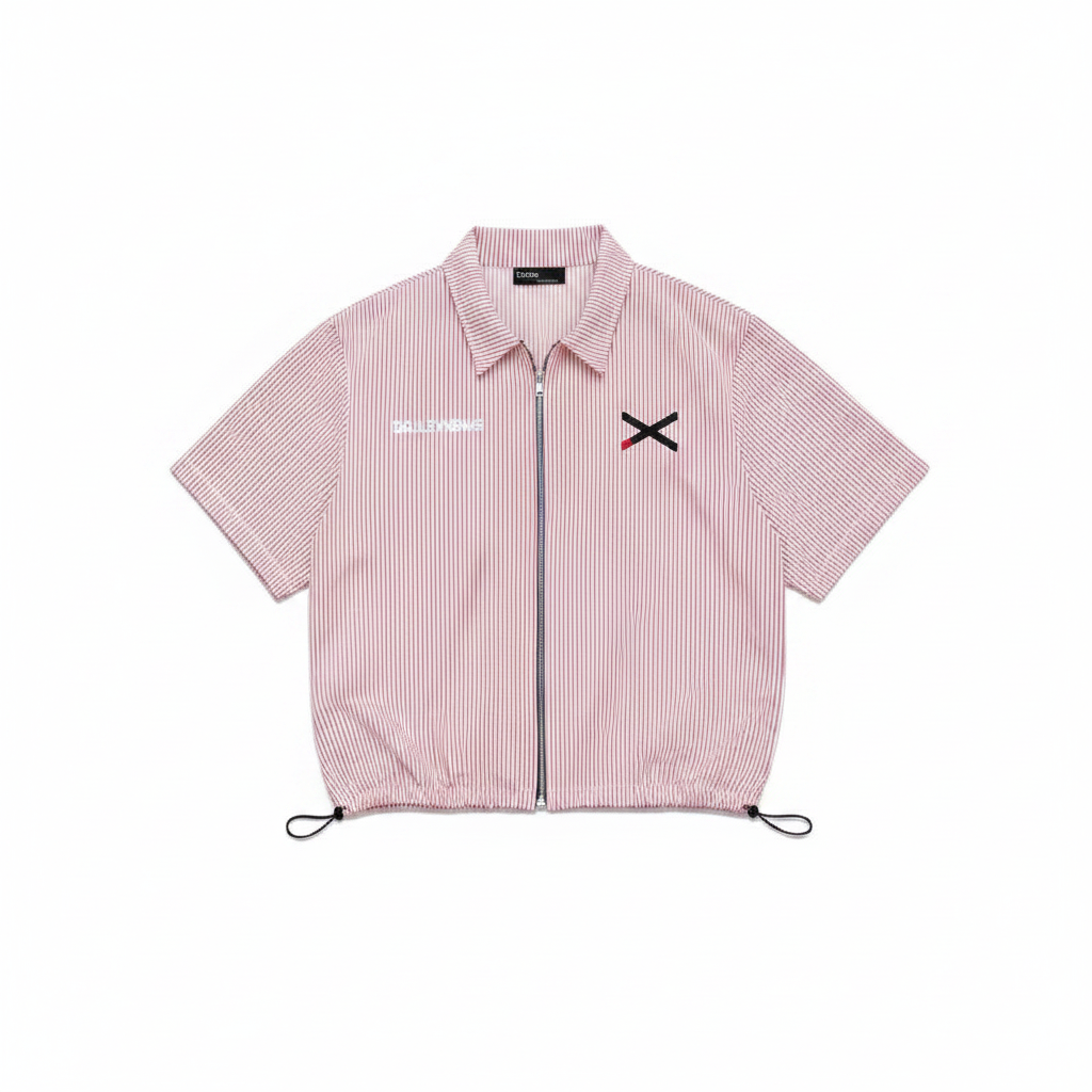 Men's pink pinstripe zip-up varsity shirt – ghost mannequin front view