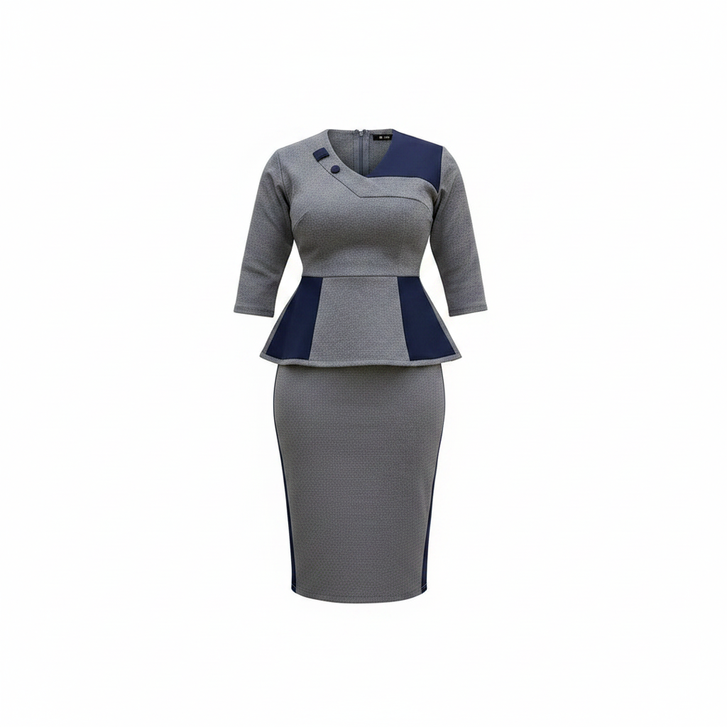 Ghost mannequin view of Women's Grey & Navy Colour-Block Peplum Top & Pencil Skirt Co-Ord Set
