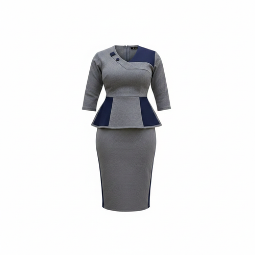 Ghost mannequin view of Women's Grey & Navy Colour-Block Peplum Top & Pencil Skirt Co-Ord Set