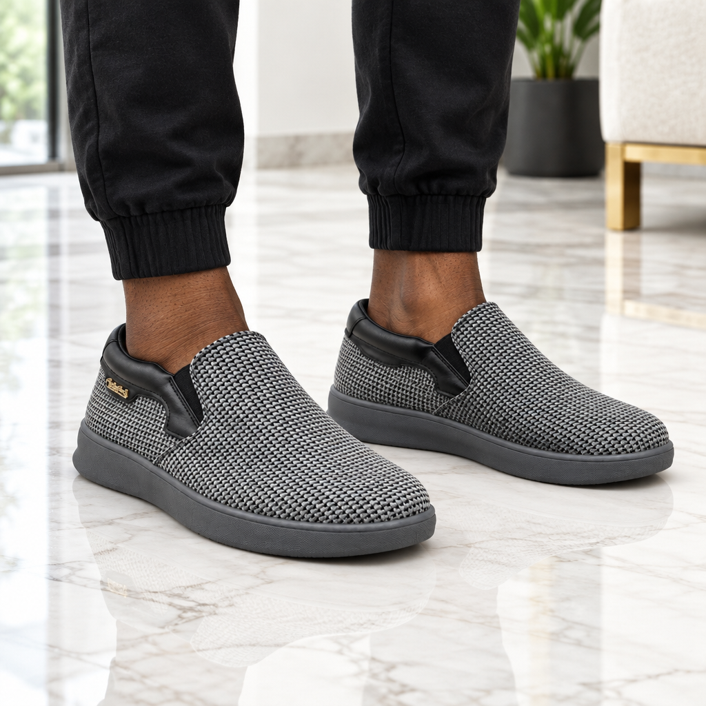 Man wearing grey woven knit slip-on sneakers