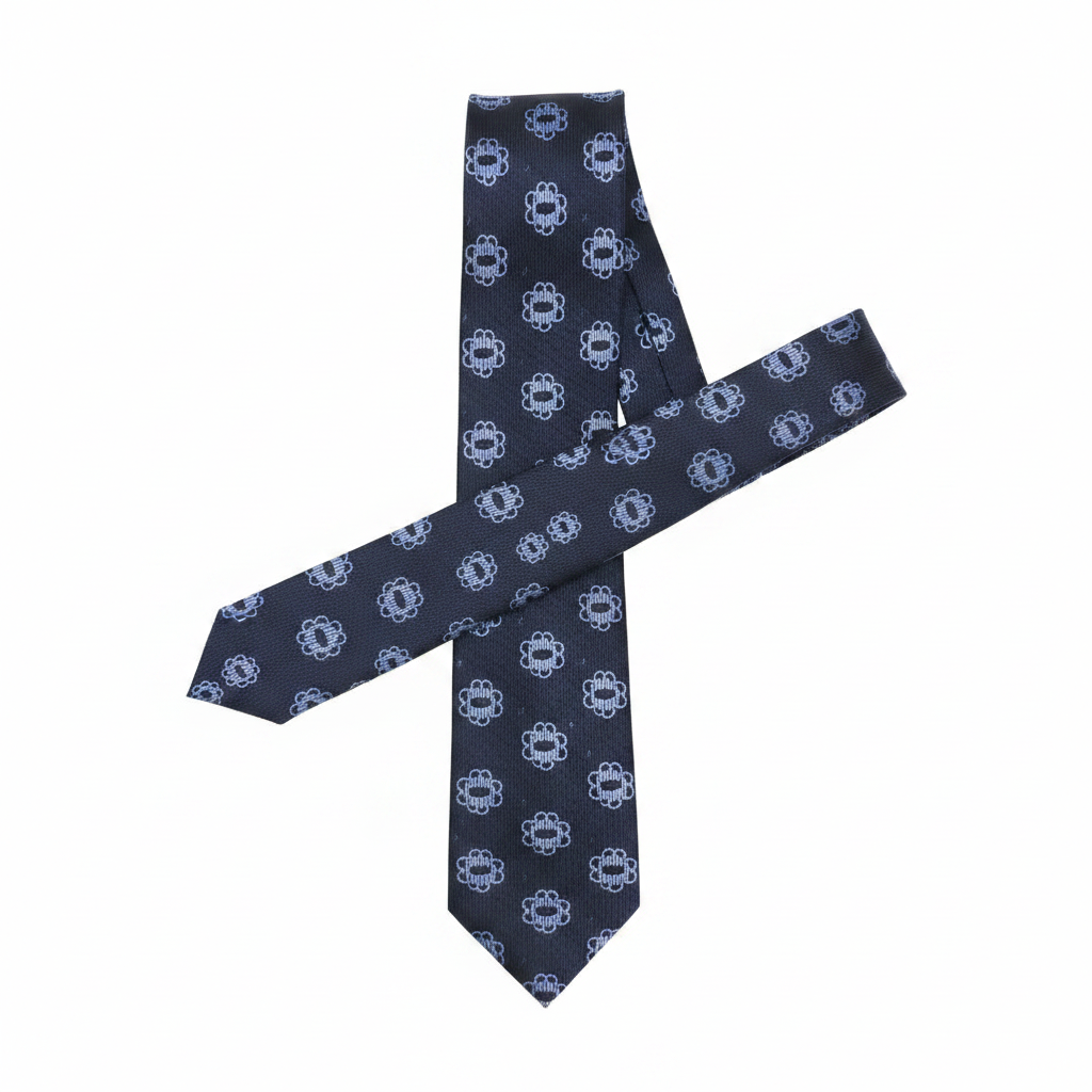 Navy Blue Floral Medallion Woven Necktie – Flat Lay