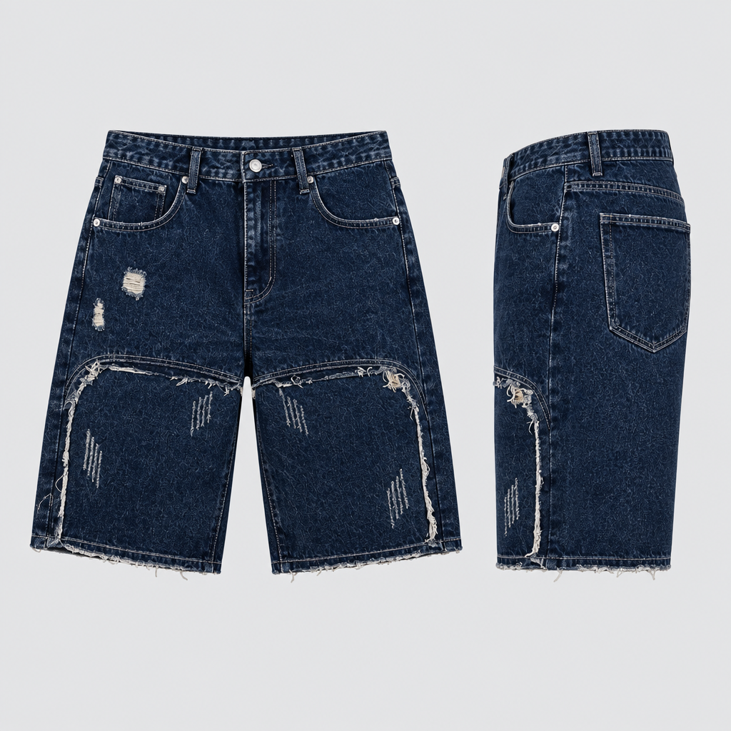 Dark navy denim shorts with curved raw-edge panels and frayed hems