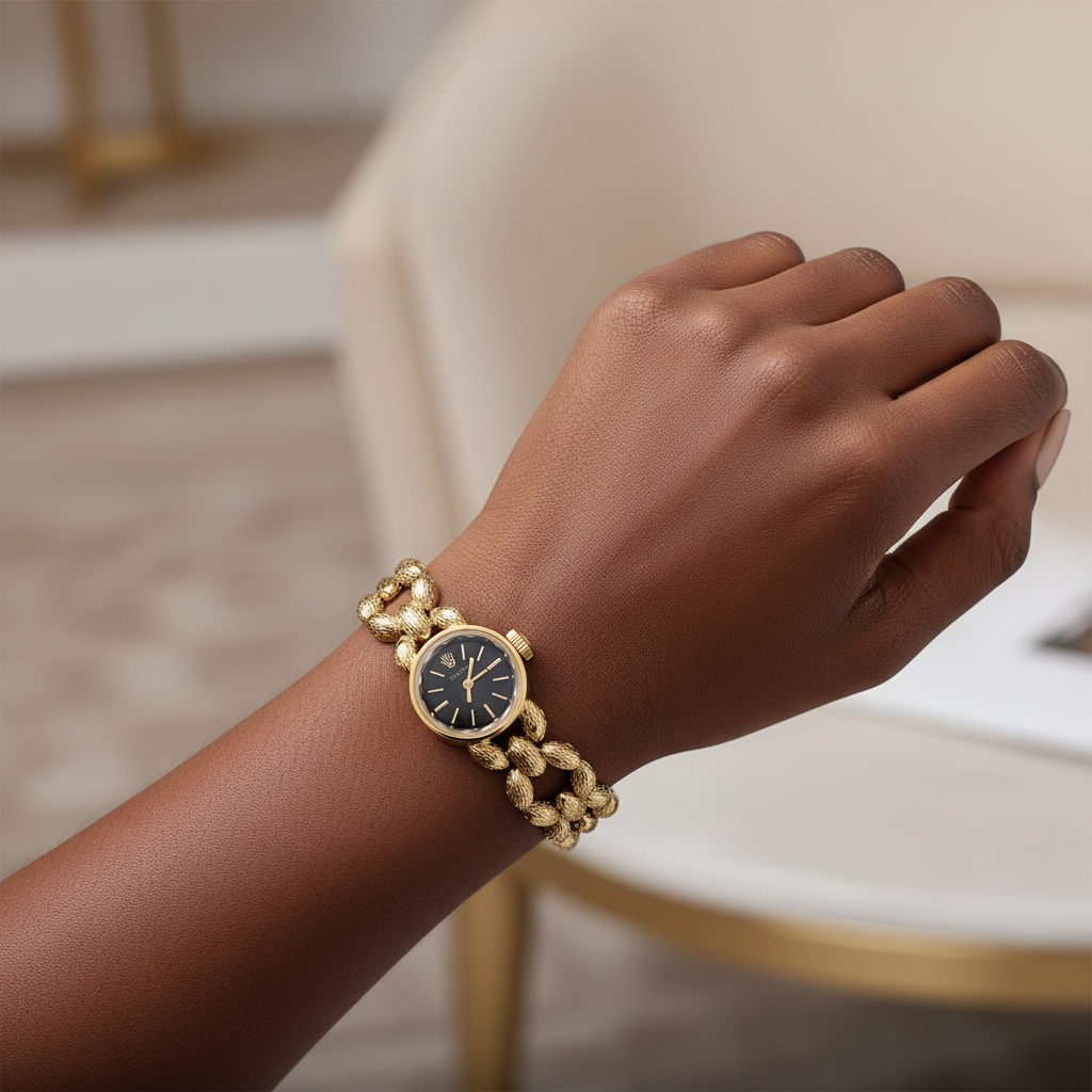Women's gold chain bracelet watch worn on Nigerian model wrist — lifestyle wrist shot