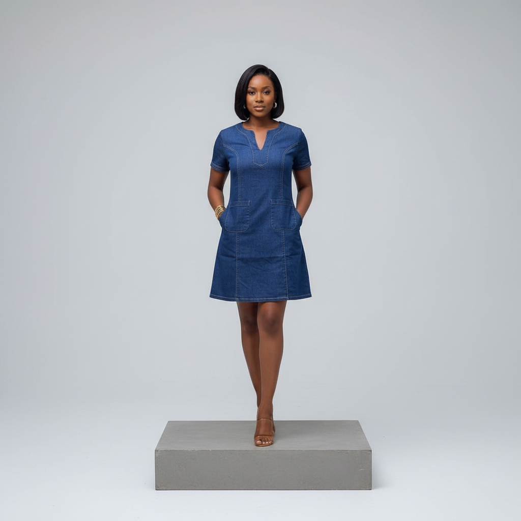 Dark Blue Denim V-Notch Mini Dress – Front Model