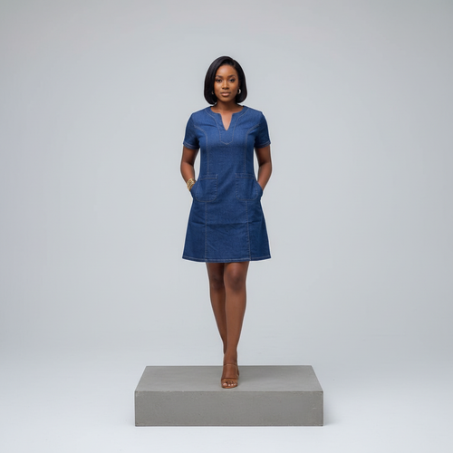 Dark Blue Denim V-Notch Mini Dress – Front Model