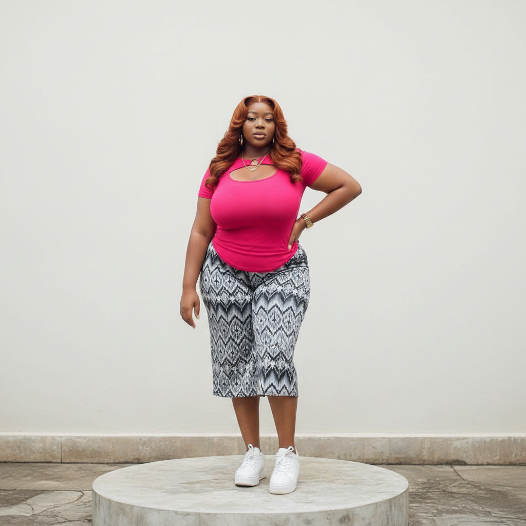 Women's Hot Pink Keyhole Cut-Out Fitted Top - Nigerian Female Model