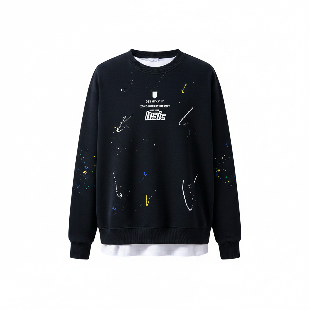 Navy graphic paint splatter crew-neck sweatshirt with layered white tee, ghost mannequin view