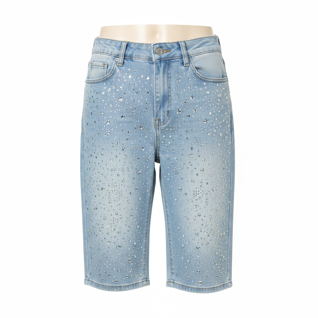 Light Blue Rhinestone Denim Shorts - Ghost Mannequin Front