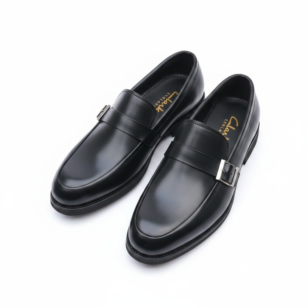 Men's black leather buckle loafer ghost mannequin pair front view
