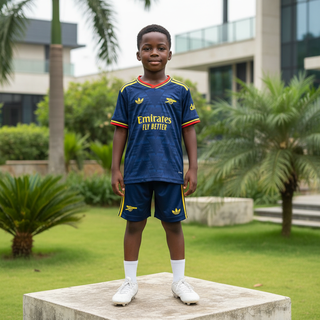Nigerian child model wearing navy blue & yellow football jersey set with white football boots