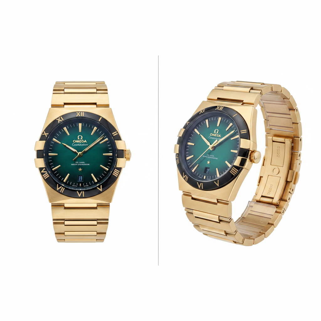 Full gold Co-Axial chronometer watch with emerald green dial, front and side view on white background