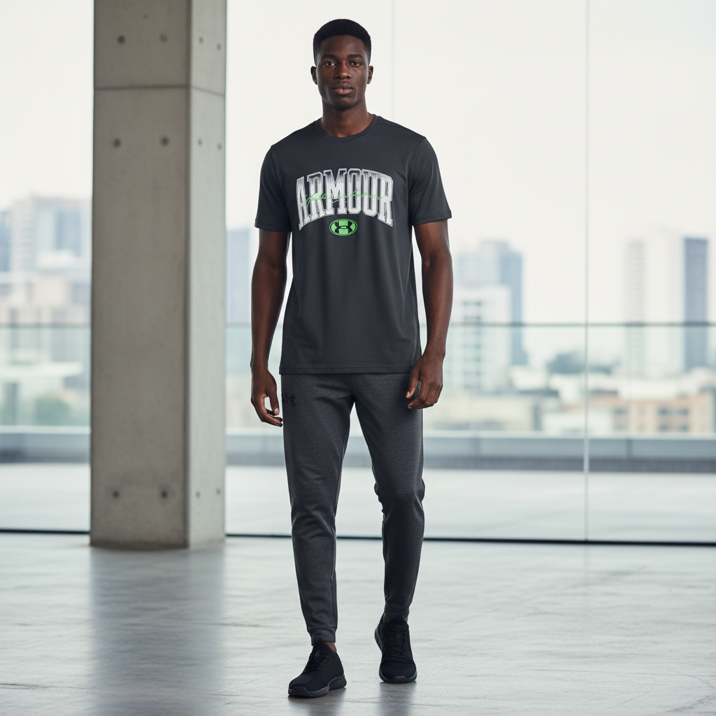 Under Armour charcoal collegiate athletic jersey T-shirt on male model