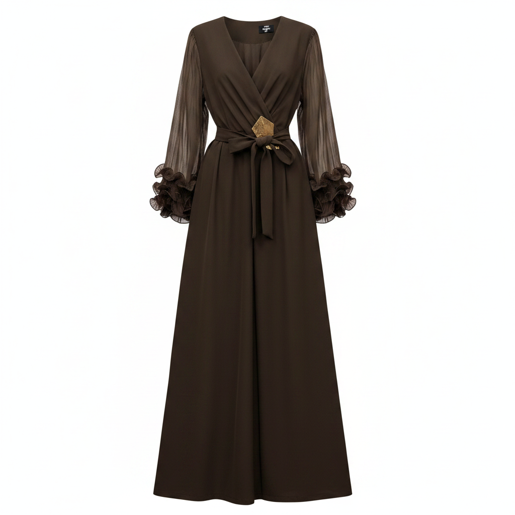 Women's long-sleeve ruffle-cuff wrap maxi dress in dark brown – ghost mannequin front view
