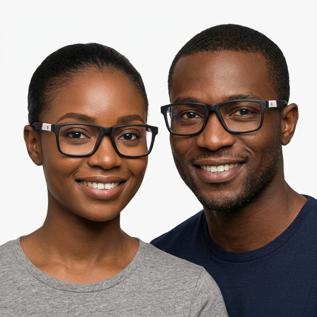 Black adult woman and man wearing black rectangular clear-lens eyeglasses with white temple sections