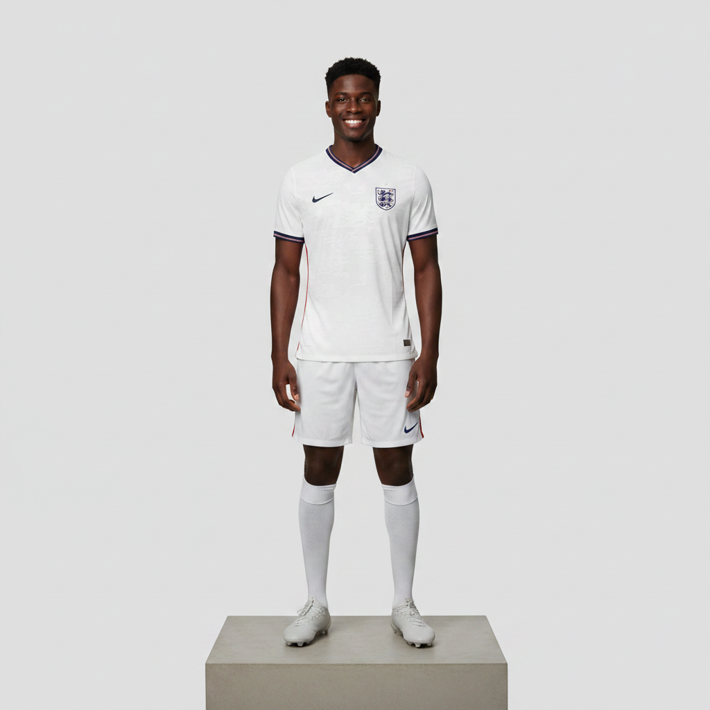 Nigerian male model full body wearing white home football jersey with white shorts on concrete plinth